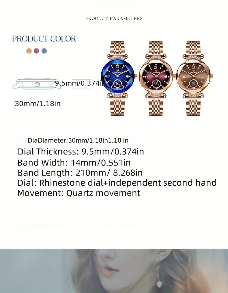 Elegant Women's Quartz Watch with Rhinestone Accents - Rose Golden Case & Stainless Steel Band, Roman Numerals, Independent Second Hand - Ideal for Business or Formal Wear - Perfect Mother's Day, Christmas, or Back-to-School